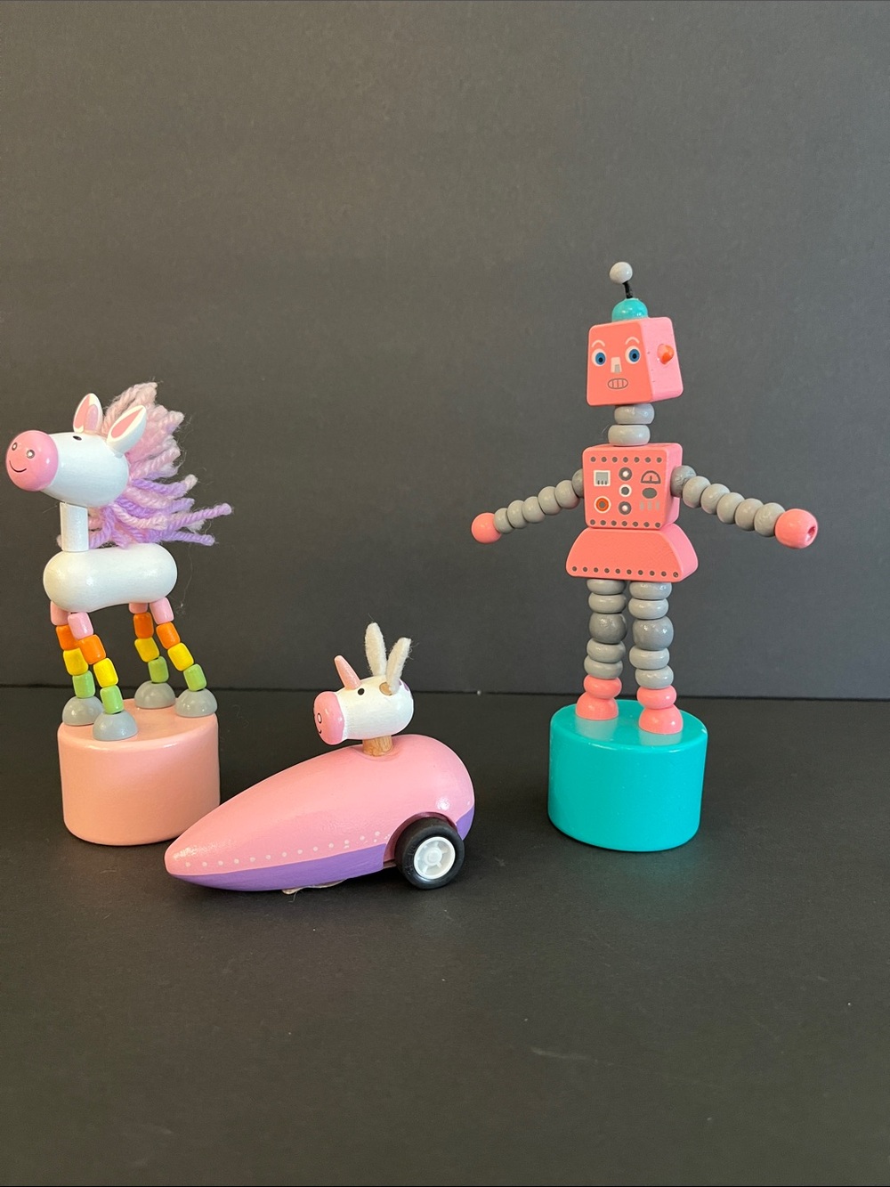 Wooden Pink Robot and Unicorn Push Toys and Pull Back Unicorn. - Kids Toys